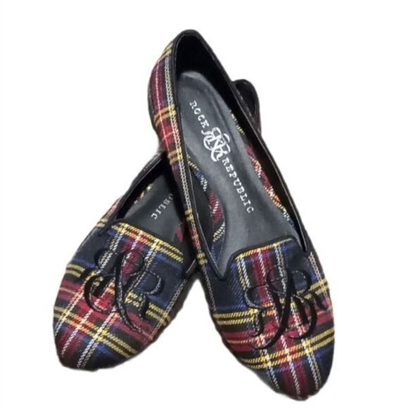 Rock and Republic Red Plaid Embroided Logo Flats Size 5.5 - Picture 1 of 7